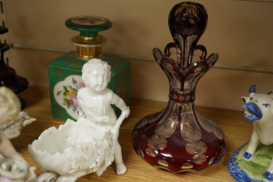 Sundry china and glass to include a red flashed glass scent bottle, a green glazed porcelain example and a Meissen second bird dish, largest 22cm wide. Condition - mostly fair, some minor breaks